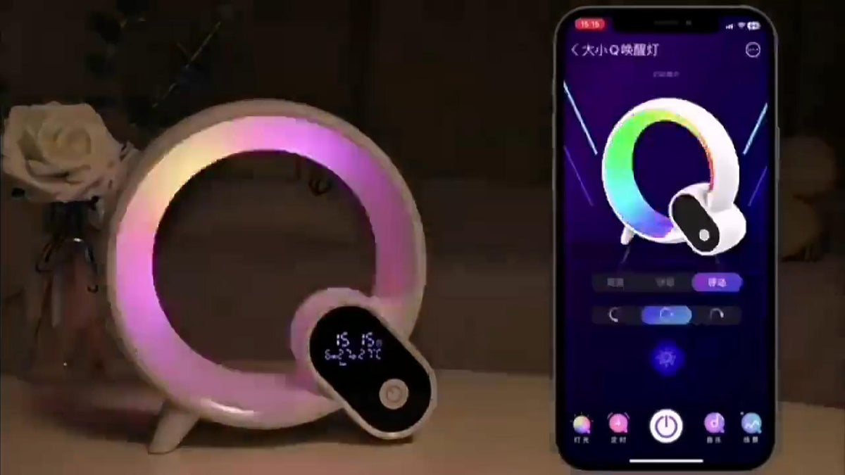 Sunrise alarm clock glowing on a bedside table